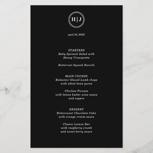 Modern Monogram Black Paper Menu Flyer (Vorne)