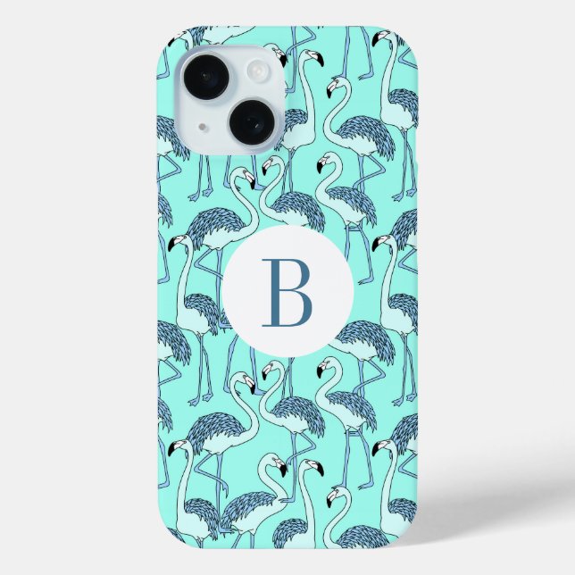Modern Monogram Blue Flamingos Pattern Case-Mate iPhone Hülle (Rückseite)