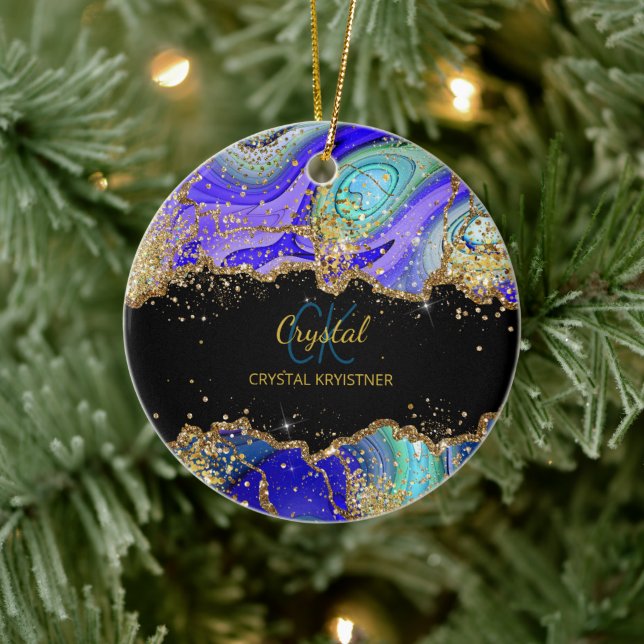 Modern Monogram Blue Green Gold Keramik Ornament (Baum)