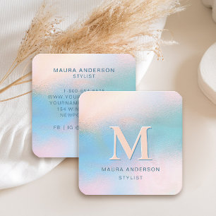Modern Monogram Blue Peach Aquamarin Holo Elegante Quadratische Visitenkarte