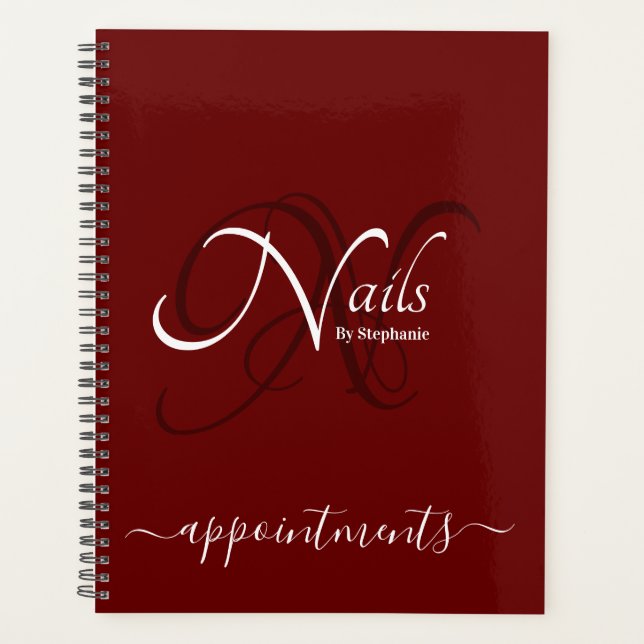 Modern Monogram Burgundy Red Nail Artist Appt Planer (Vorderseite)