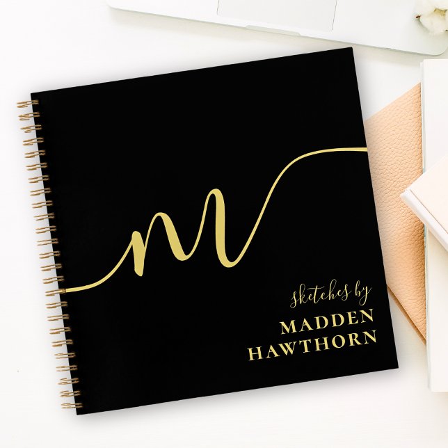 Modern Monogram Calligraphy Black Gold Sketchbook Notizbuch (Von Creator hochgeladen)
