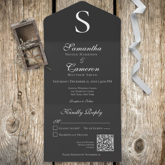 Modern Monogram Charcoal QR Code All In One Einladung (Von Creator hochgeladen)
