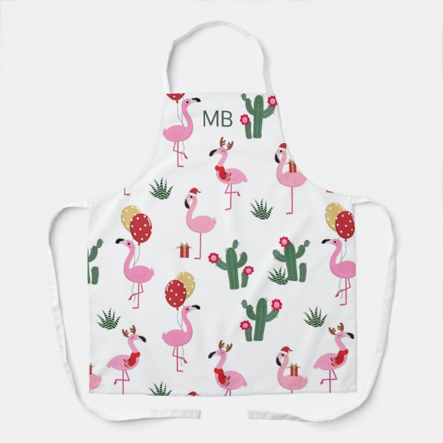 Modern Monogram Christmas Flamingo Party Schürze (Vorderseite)