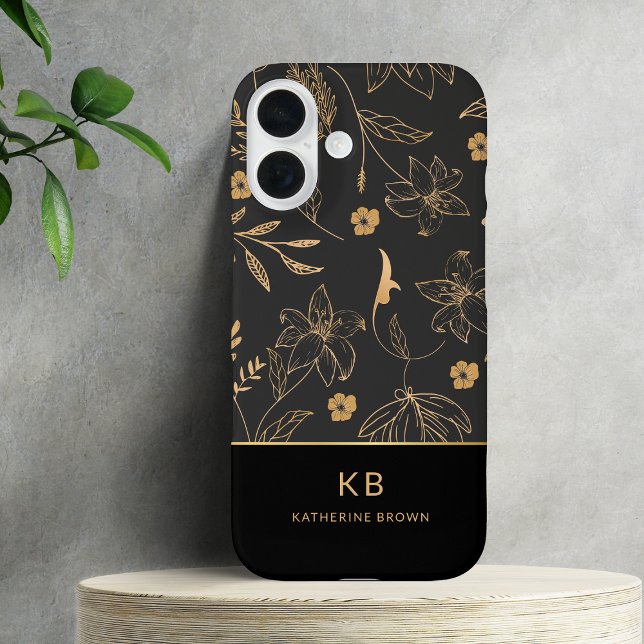 Modern Monogram Elegant Black Gold Floral Pattern  Case-Mate iPhone Hülle (Von Creator hochgeladen)