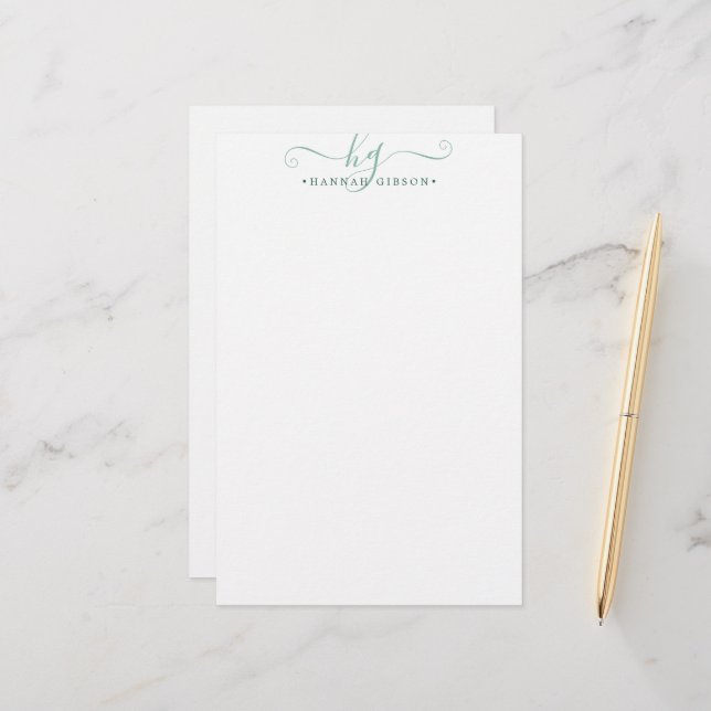 Modern Monogram Extravagant Script Initials Green Briefpapier (Vorderseite/Rückseite Beispiel)