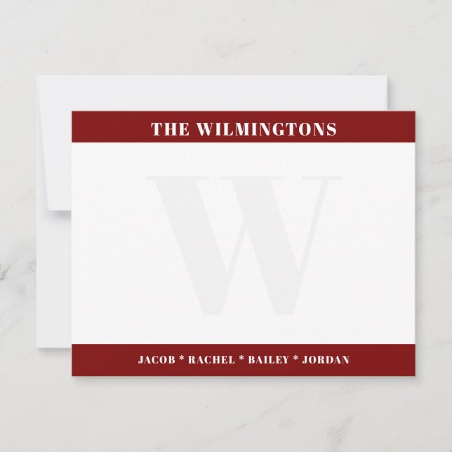 Modern Monogram Family Names Dark Red Stationery Mitteilungskarte (Vorderseite)
