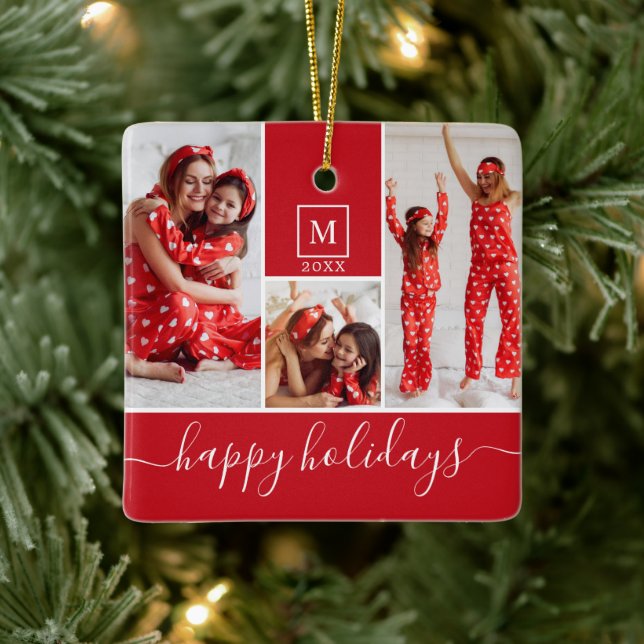 Modern Monogram Foto Collage Happy Holiday Red Keramikornament (Baum)
