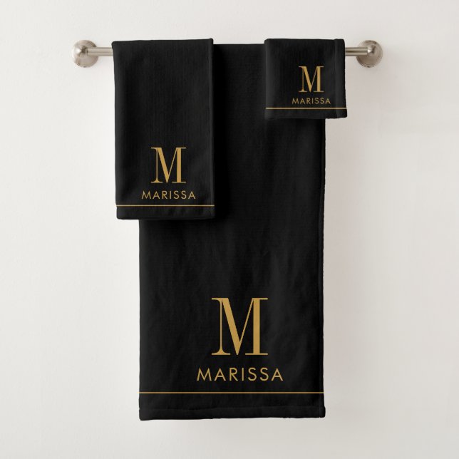 Modern Monogram Gold Black Erstname Badhandtuch Set (Insitu)