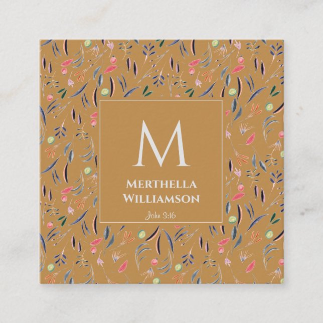 Modern MONOGRAM Gold Floral Quadratische Visitenkarte (Vorderseite)