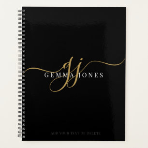 Modern Monogram Gold Script Initials Name Black Planer