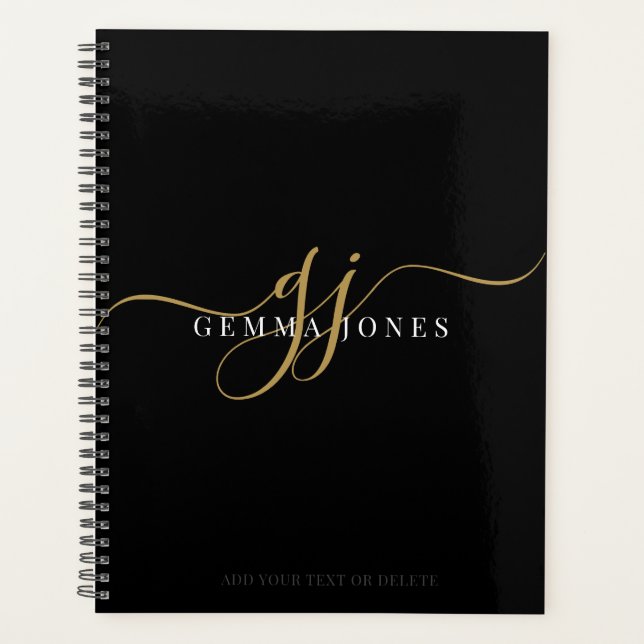 Modern Monogram Gold Script Initials Name Black Planer (Vorderseite)