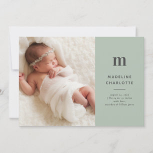 Modern Monogram Green Foto Birth Ankündigung