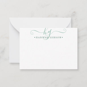 Modern Monogram Green Script Initials Mitteilungskarte