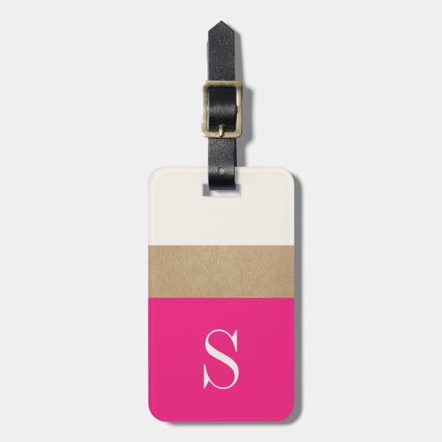 Modern Monogram Hot Pink Gold Strick Gepäckmarke Gepäckanhänger (Vorderseite vertikal)