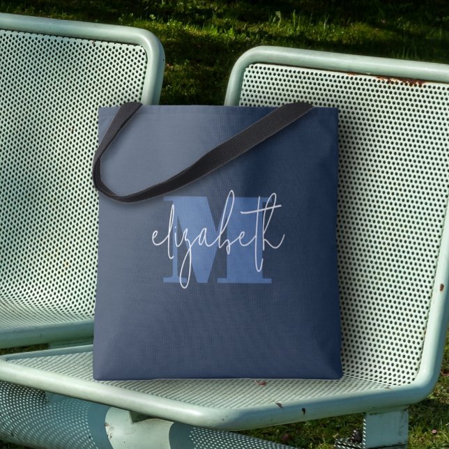 Modern Monogram Individuelle Name Navy Blue (Custom Tote Bag by PartyInvitationShop.com)