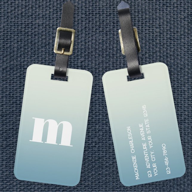 Modern Monogram Initial Blue Gradient Gepäckanhänger (Simple modern monogram personalized teal aqua gradient luggage tag)