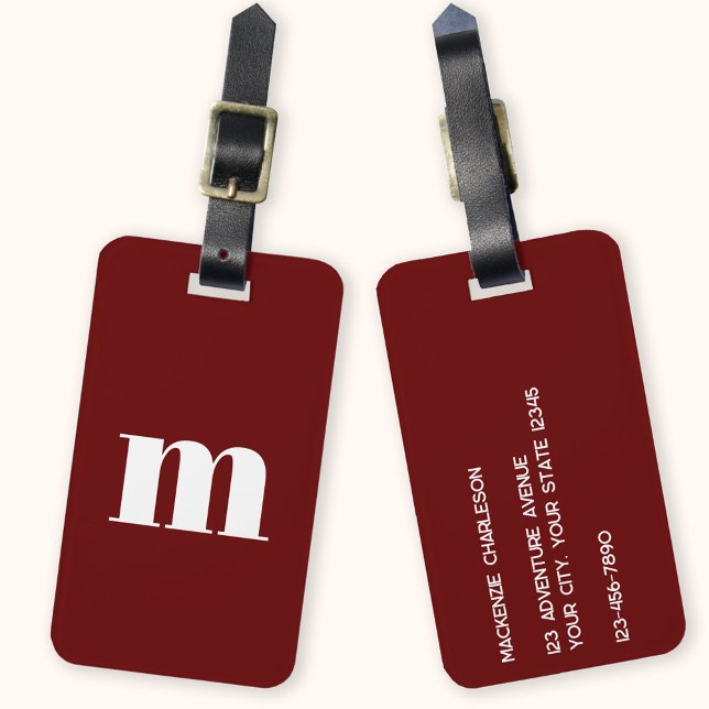 Modern Monogram Initial Gepäckanhänger (Modern monogram initial personalized burgundy luggage tag)