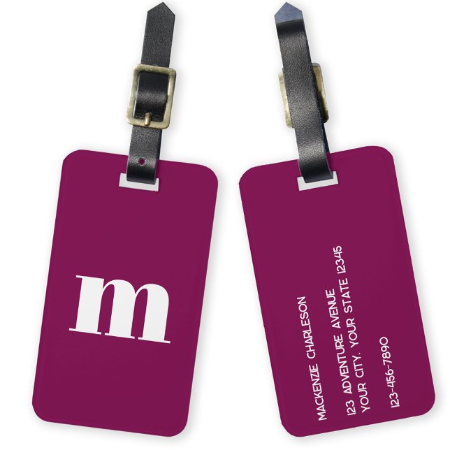Modern Monogram Initial Gepäckanhänger (Simple lower case modern monogram initial personalized luggage tag in dark pink burgundy)