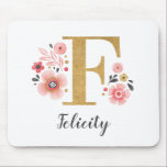 Modern Monogram, Initial Girly Pink Floral Mousepad<br><div class="desc">Ein wunderschönes,  mit Monogramm,  rosa Blumenmousepad mit rosafarbenen Blume und einem Imitat mit goldenem Buchstaben F. Personalisieren Sie das Mauspad,  indem Sie unter dem Monogramm Ihren Namen hinzufügen. Macht ein lustiges Geschenk für einen Freund oder für eine Brautjungfrau. Entworfen für Sie von BlackBerry Boulevard.</div>