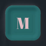 Modern monogram, Initial Letter Green Pink Pappteller<br><div class="desc">Präftiges,  einfaches,  minimalistisches Party mit monogrammatischem Design in tiefblaugrünen und pastellrosa Farbtönen.</div>