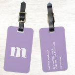 Modern Monogram Initial Lilac Pastel Gepäckanhänger<br><div class="desc">Modern lower case typography minimalist monogram initial design which can be changed to personalize,  along with the details on the reverse. White on a pastel lilac background for a dose of dopamine!</div>