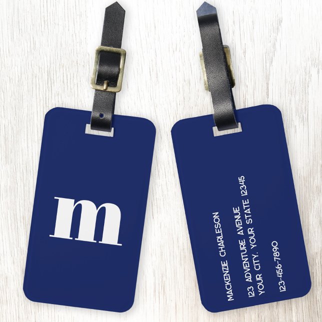 Modern Monogram Initial Navy Blue Gepäckanhänger (Modern minimalist lower case monogram initial personalized navy blue luggage tag)