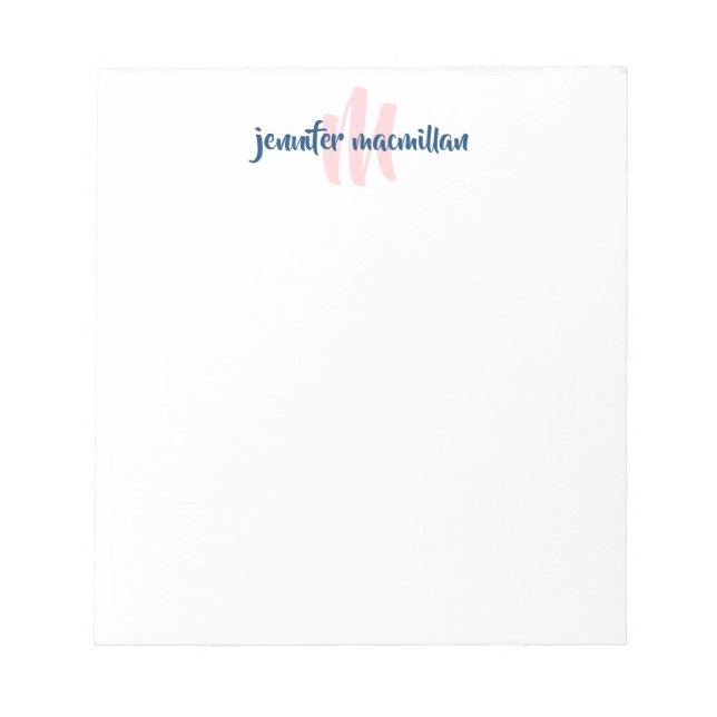 Modern Monogram Initial Pink and Blue Personalisie Notizblock (Vorderseite)