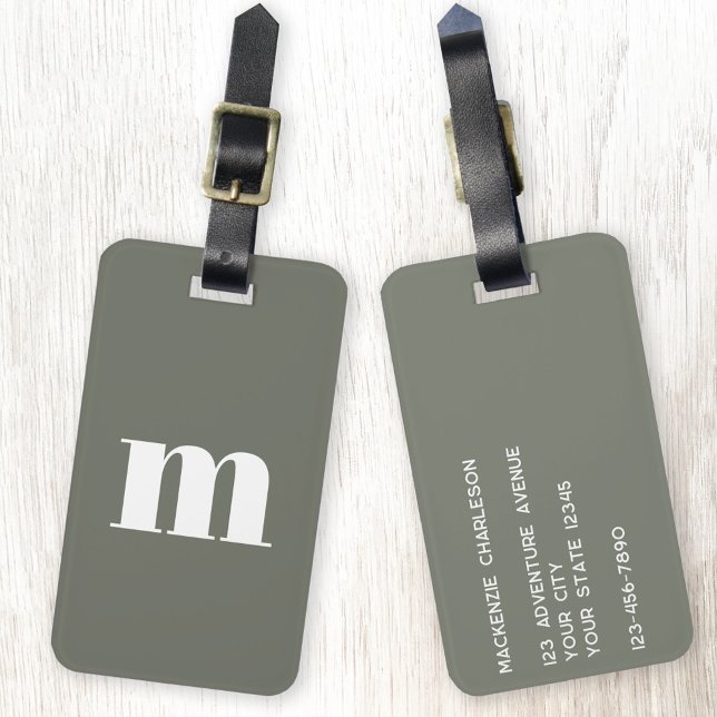 Modern Monogram Initial Sage Green Gepäckanhänger (Simple modern monogram initial personalized sage green elegant luggage tag)