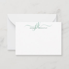 Modern Monogram Initial Script Green Note Mitteilungskarte