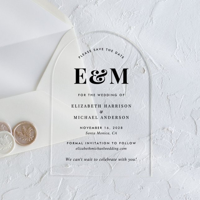 Modern Monogram Initials Arch Save the Date Acryleinladungen (Make your day unforgettable with stunning arch acrylic save the dates—modern, elegant, unique!)
