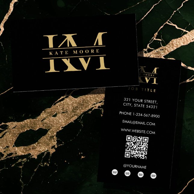 Modern Monogram Initials Professional Black Gold Visitenkarte (Modern Monogram Initials Professional Black Gold Business Card)