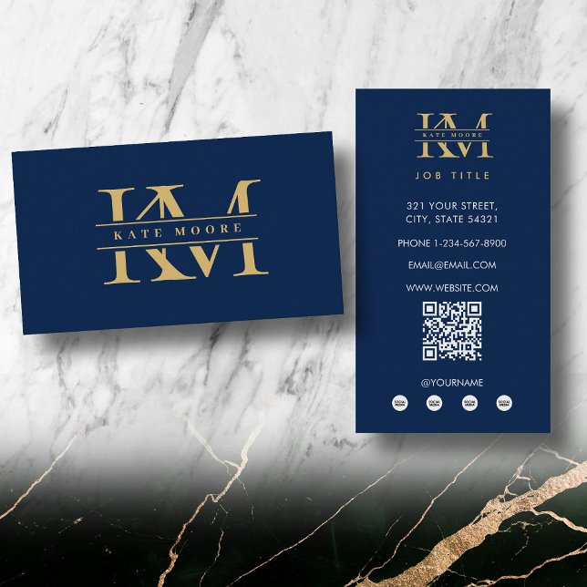 Modern Monogram Initials Professional Blue Gold Visitenkarte (Modern Monogram Initials Professional Blue Gold Business Card)