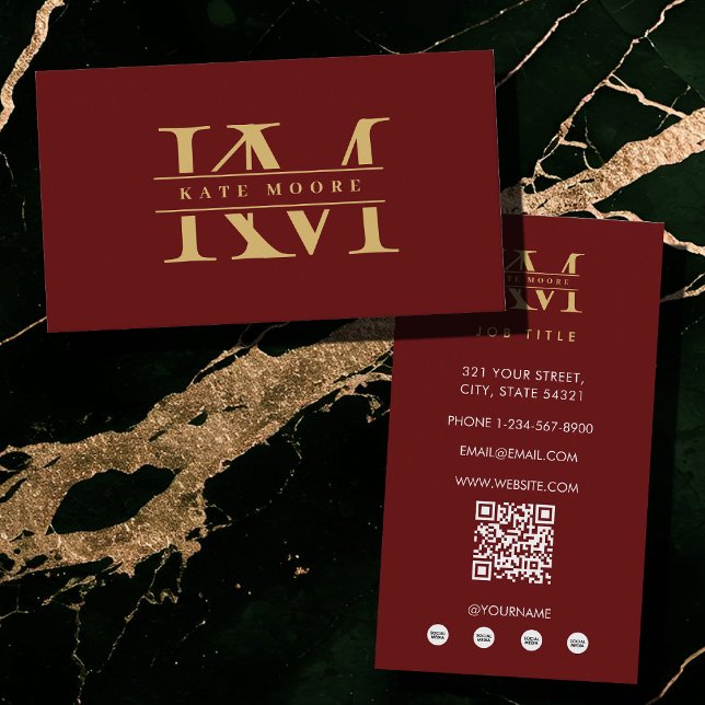 Modern Monogram Initials Professional Red Gold Visitenkarte (Modern Monogram Initials Professional Red Gold Business Card)