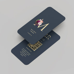 Modern Monogram M Floral Dark Blue Gold Visitenkarte