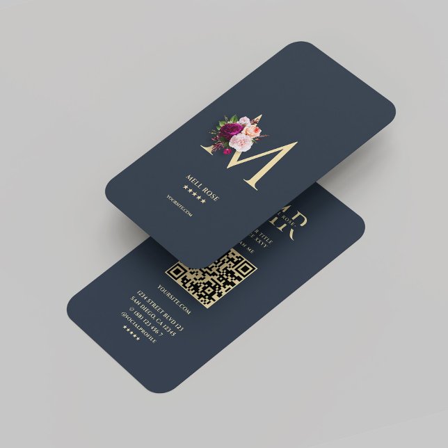 Modern Monogram M Floral Dark Blue Gold Visitenkarte (Modern Monogram M Floral Dark Blue Gold Business Card
)