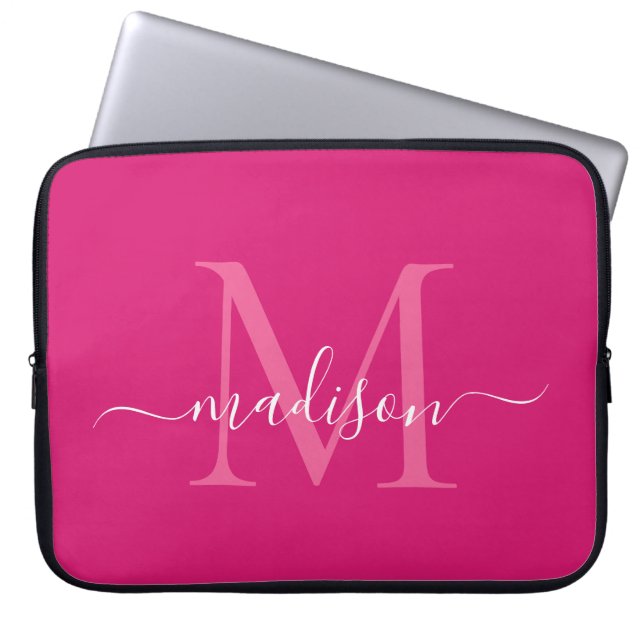 Modern Monogram Magenta Pink Girl Script Name Laptopschutzhülle (Vorderseite)