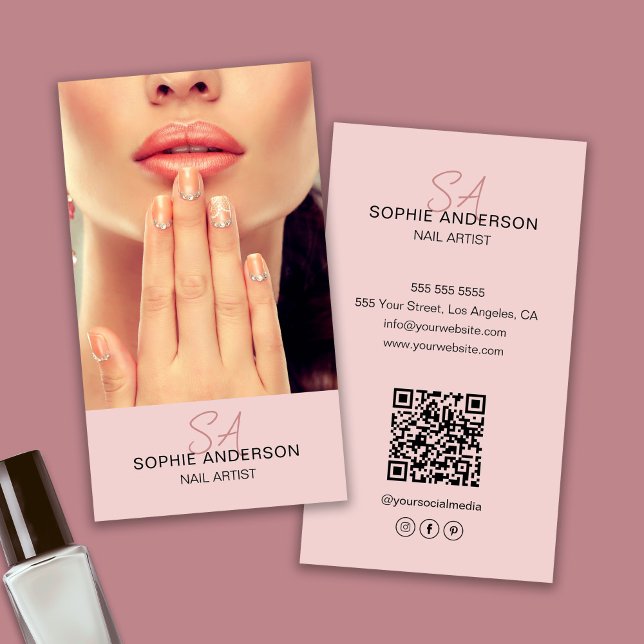 Modern Monogram Nail Artist Pink Visitenkarte (Modern Monogram Nail Artist Pink Business Card)