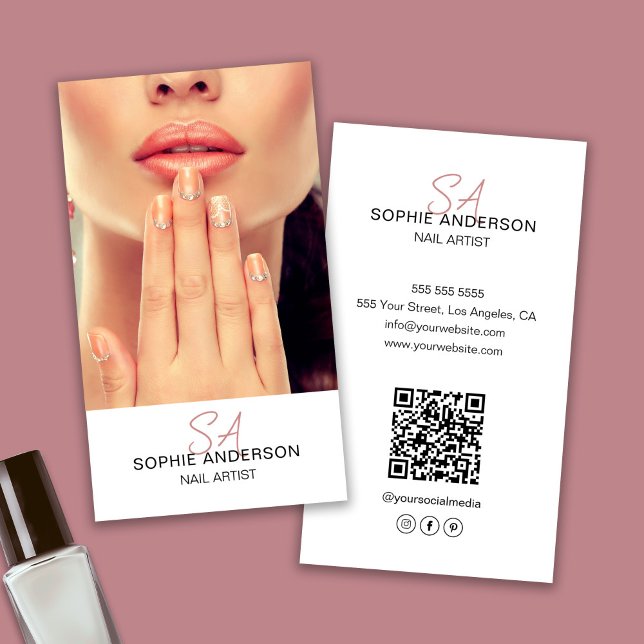 Modern Monogram Nail Artist White Visitenkarte (Modern Monogram Nail Artist White Business Card)