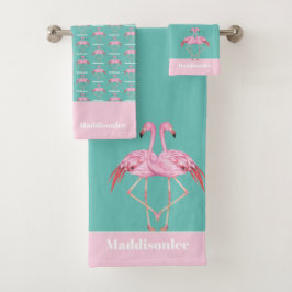 Modern Monogram Name Aquamarin Pink Flamingo Badhandtuch Set