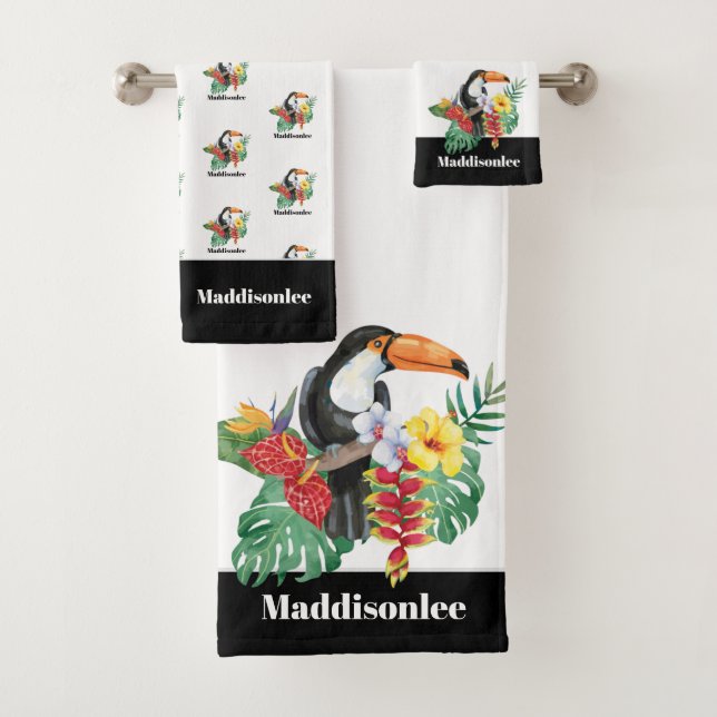 Modern Monogram Name Black Colorful Toucan Badhandtuch Set (Insitu)