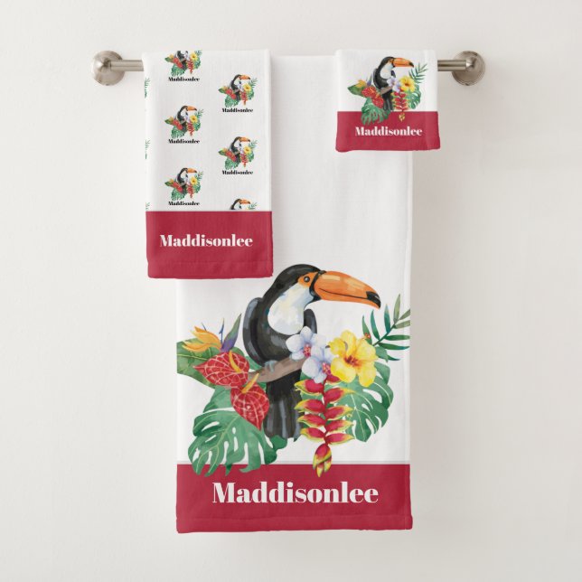 Modern Monogram Name Black Colorful Toucan Red Badhandtuch Set (Insitu)