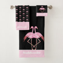 Modern Monogram Name Black Pink Flamingo Bath Towe
