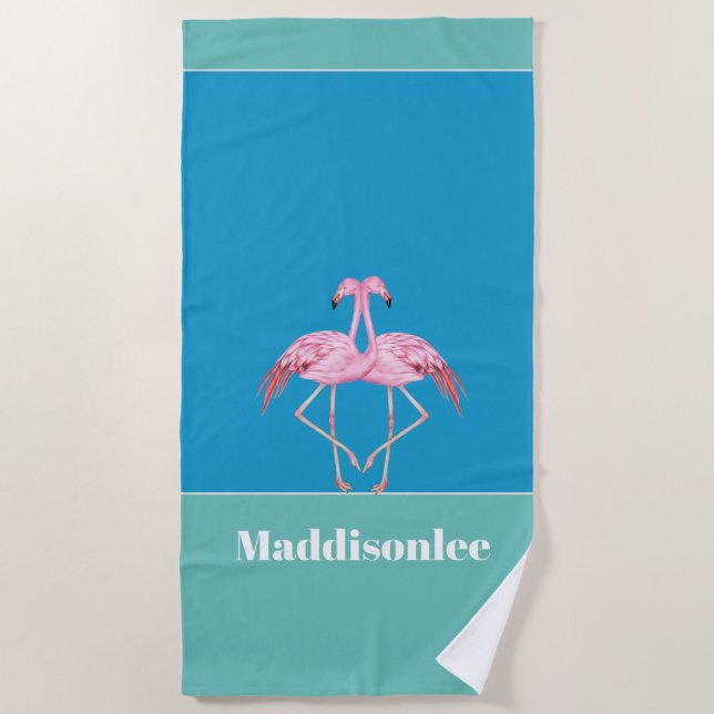 Modern Monogram Name Black Pink Flamingo Bath Towe Strandtuch (Vorderseite)
