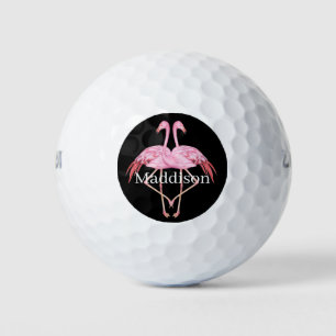 Modern Monogram Name Black Pink Flamingo Golfball