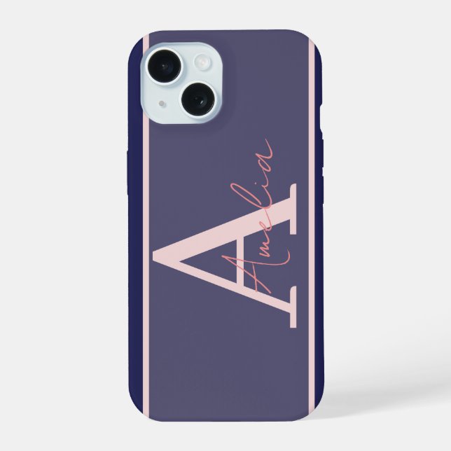 Modern Monogram Name Blue Pink iPhone 15 Hülle (Rückseite)