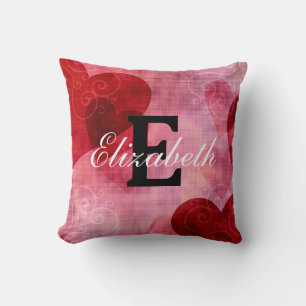 Modern Monogram Name on Red Pink White Hearts Lar Kissen