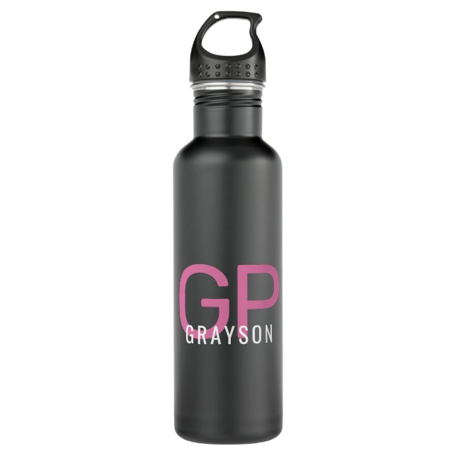 Modern Monogram Name Pink Black Personalisiert  Edelstahlflasche (Vorderseite)