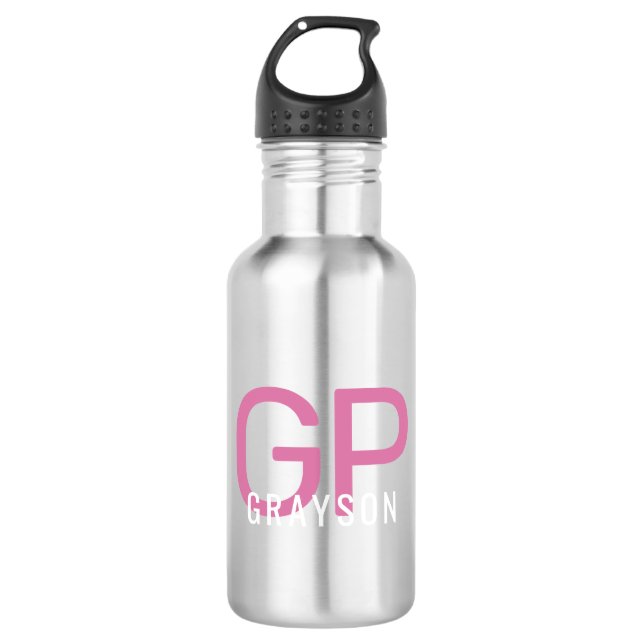 Modern Monogram Name Pink Black Personalisiert  Edelstahlflasche (Vorderseite)