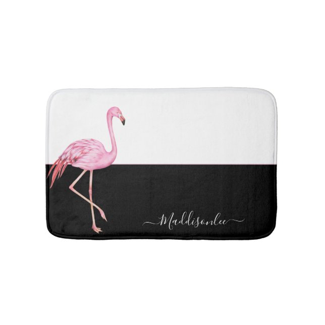 Modern Monogram Name Pink Flamingo Black Badematte (Vorderseite)